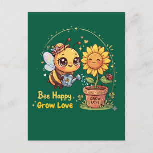 Süße Kawaii-Biene bewässert Sonnenblume Biene Glüc Postkarte