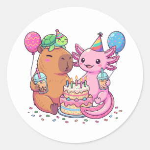 Süße Kawaii Capybara und Axolotl Geburtstagsfeier Runder Aufkleber