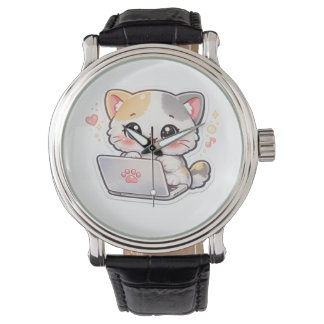Süße Kawaii Chibi Katze mit Laptop Armbanduhr