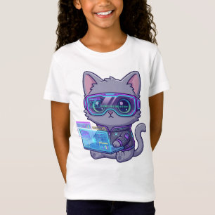 Süße Kawaii-Cyberpunk-Katzen-Hackerin mit Laptop T-Shirt