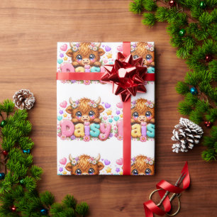 Süße Kawaii Daisy Highland Kuh Name Pastell Rosa F Geschenkpapier