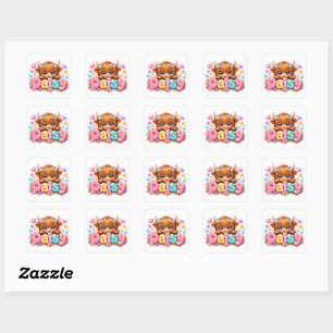 Süße Kawaii Daisy Highland Kuh Name Pastell Rosa F Quadratischer Aufkleber