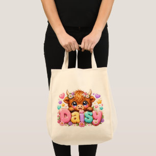 Süße Kawaii Daisy Highland Kuh Name Pastell Rosa F Tragetasche