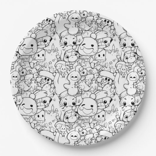 Süße Kawaii-Doodle-Charaktere Pappteller (Vorderseite)