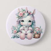 Süße Kawaii-Einhorndoll mit Blumenkorb Button (Vorderseite)