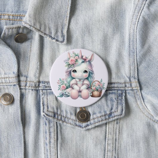 Süße Kawaii-Einhorndoll mit Blumenkorb Button (Beispiel)