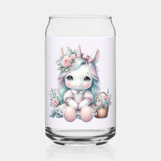 Süße Kawaii-Einhorndoll mit Blumenkorb Dosenglas (Vorderseite)