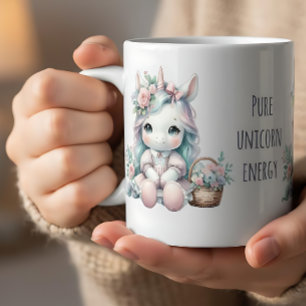 Süße Kawaii-Einhorndoll mit Blumenkorb Kaffeetasse