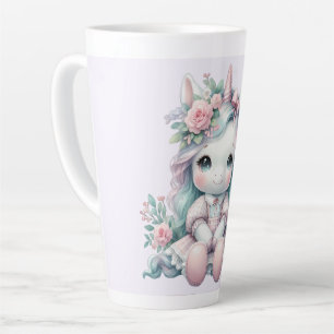 Süße Kawaii-Einhorndoll mit Blumenkorb Milchtasse