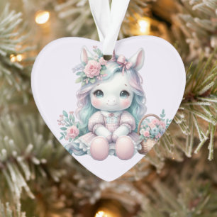 Süße Kawaii-Einhorndoll mit Blumenkorb Ornament