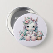 Süße Kawaii-Einhorne Puppe mit Blumenkorb Button (Vorne & Hinten)