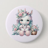 Süße Kawaii-Einhorne Puppe mit Blumenkorb Button (Vorderseite)