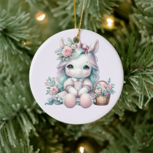 Süße Kawaii-Einhorne Puppe mit Blumenkorb Keramik Ornament