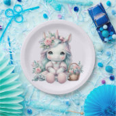 Süße Kawaii-Einhorne Puppe mit Blumenkorb Pappteller (Party)