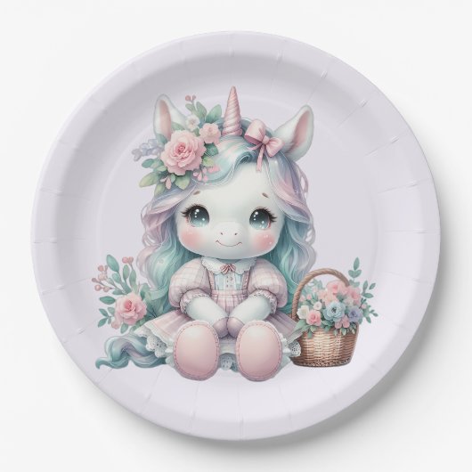 Süße Kawaii-Einhorne Puppe mit Blumenkorb Pappteller (Vorderseite)