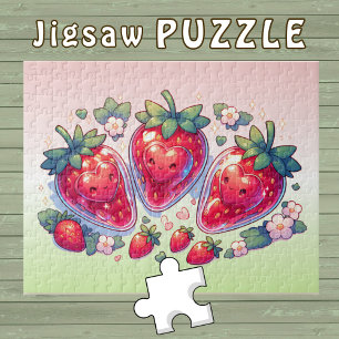 Süße Kawaii Erdbeeren mit lächelnden Herzen -  Puzzle