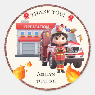 Süße Kawaii Feuerwehrmann Mädchen und Feuerwehraut Runder Aufkleber