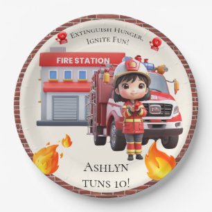 Süße Kawaii Feuerwehrmann Mädchen und Feuerwehrwag Pappteller