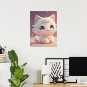 Süße Kawaii Fluffige Weiße Katze Poster