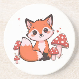 Süße Kawaii-Fuchs mit Pilzen Cartoon-Kunst Getränkeuntersetzer
