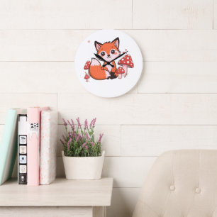 Süße Kawaii-Fuchs mit Pilzen Cartoon-Kunst Große Wanduhr