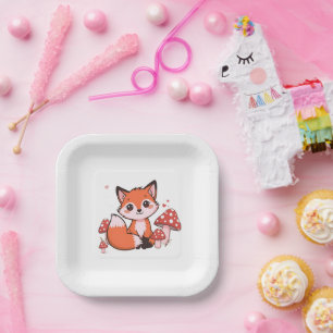 Süße Kawaii-Fuchs mit Pilzen Cartoon-Kunst Pappteller
