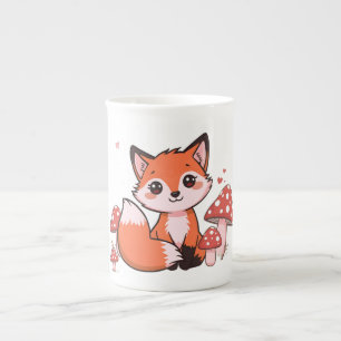 Süße Kawaii-Fuchs mit Pilzen Cartoon-Kunst Porzellantasse