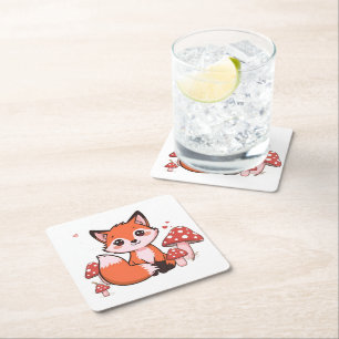 Süße Kawaii-Fuchs mit Pilzen Cartoon-Kunst Rechteckiger Pappuntersetzer
