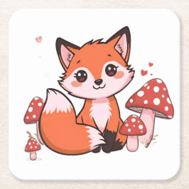 Süße Kawaii-Fuchs mit Pilzen Cartoon-Kunst Rechteckiger Pappuntersetzer