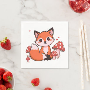 Süße Kawaii-Fuchs mit Pilzen Cartoon-Kunst Serviette