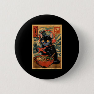 Süße Kawaii-Gamer-Katze Lustige Ramen Retro-Japani Button