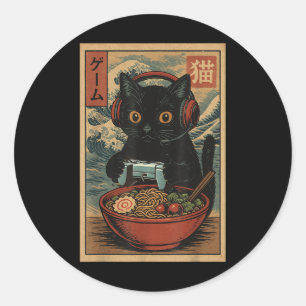 Süße Kawaii-Gamer-Katze Lustige Ramen-Retro-Japani Runder Aufkleber