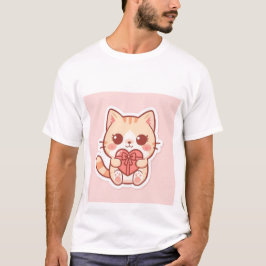 Süße Kawaii-Gingerkatze sitzt mit Herzgeschenk 💖 T-Shirt