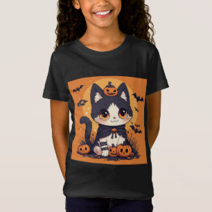 Süße Kawaii-Halloween-Katze mit Kürbissen und Fled T-Shirt