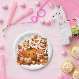 Süße Kawaii Herbst-Kürbis-Fuchs-Eule Herbsttiere Pappteller
