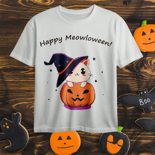 Süße Kawaii Hexenkatze in Halloween-Kürbis T-Shirt