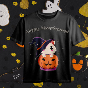 Süße Kawaii Hexenkatze in Halloween-Kürbis T-Shirt
