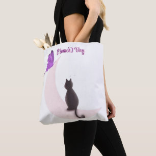 Süße Kawaii-Katze auf dem Mond mit Schmetterling C Tasche
