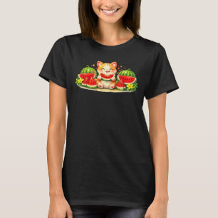 Süße Kawaii-Katze, die Wassermelone isst, Illustra T-Shirt