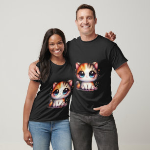 Süße Kawaii-Katze Große Augen Wasserfarbe Glitzern T-Shirt