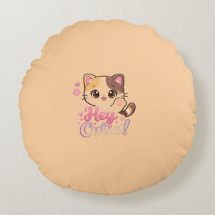 Süße Kawaii-Katze "Hey Cutie" Runde Wurfkissen Rundes Kissen