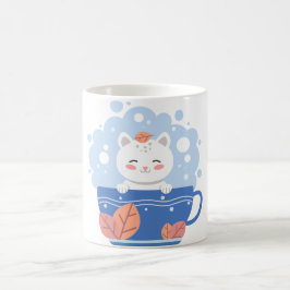 Süße Kawaii-Katze in einer blauen Teetasse Kaffeet