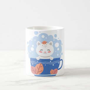 Süße Kawaii-Katze in einer blauen Teetasse Kaffeet