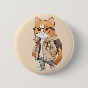 Süße Kawaii-Katze in stilvollem Outfit Button