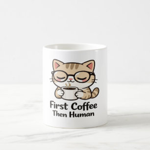 Süße Kawaii-Katze mit Brille - Lustiger Morgen-Co Kaffeetasse