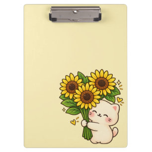 Süße Kawaii-Katze mit Sonnenblumenstrauß – Glückli Klemmbrett