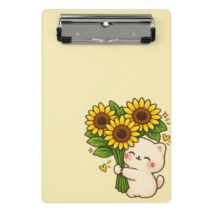Süße Kawaii-Katze mit Sonnenblumenstrauß – Glückli Mini Klemmbrett