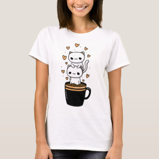 Süße Kawaii-Katze trinkt Kaffee-Mug-Hearts-T-Shirt T-Shirt