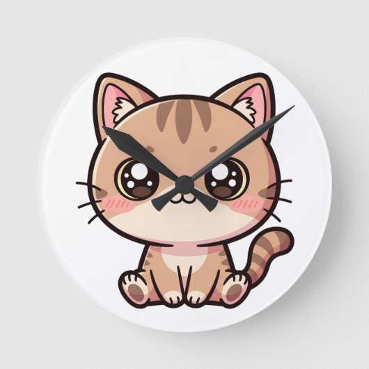 Süße Kawaii-Katzen-Chibi-Illustration Runde Wanduhr (Vorderseite)