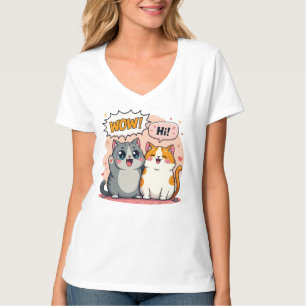 Süße Kawaii-Katzen-Comic-sagt-Wow-und-Hallo-V-Auss T-Shirt